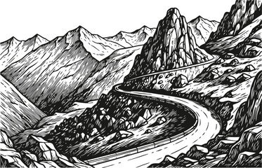 Fototapeta premium Winding mountain road landscape scenic curved pathway through rocky terrain with high peaks