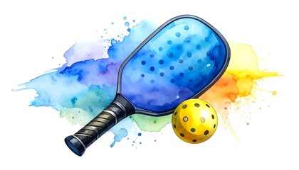 Watercolor Pickleball Paddle and Ball with Vibrant Splashes.