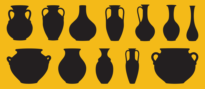 Ancient pottery silhouettes set on yellow background ceramic vessels collection