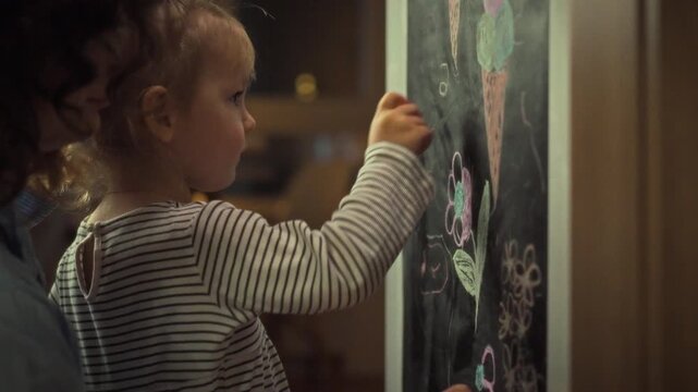 A young parent, acting as a teacher, guides her child in creating colorful chalk drawings on the classroom blackboard, engaging in an interactive education and learning experience together