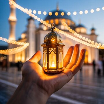 A hand holding a glowing lantern in front of a mosque at night. The mosque is decorated with fairy lights.