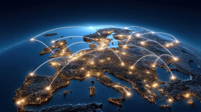 Realistic 3D Map of Europe with Glowing Connections and Network Lines Illuminating the Continent
