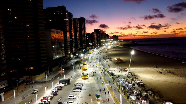 Sunset Beach In Fortaleza Ceara Brazil. Stunning Tropical Coastline Beach Scene Viewed From Above. Sunset City Seaside. Coast Outdoor Panning Wide. Fortaleza Ceara.