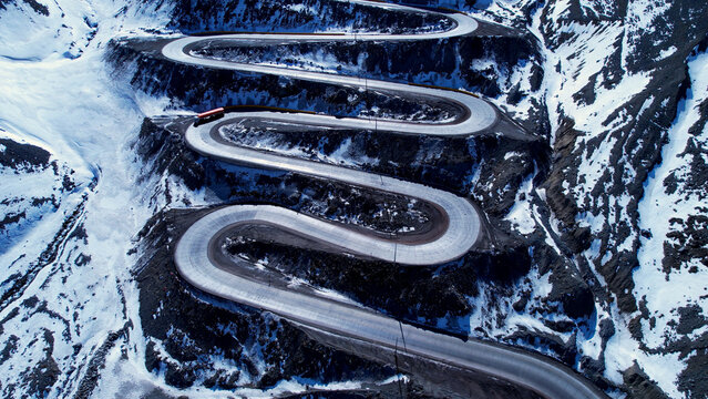 Los Caracoles Road In Andes Mountains Santiago Chile. Stunning Landscape Of Highway Road Viewed From Above. Snowflakes Tourism Andes Mountains Map Blizzard. Snowflakes Lakeshore Outdoor.