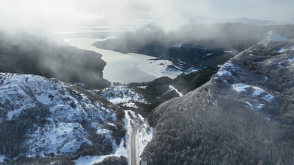 Rural Road In Ushuaia Tierra Del Fuego Argentina. Powerful Landscape Of The Vehicles In A Famous Road . South Pole Tourism Iceland Snow Mountain. South Pole Frosty Outdoor. Ushuaia Tierra Del Fuego.