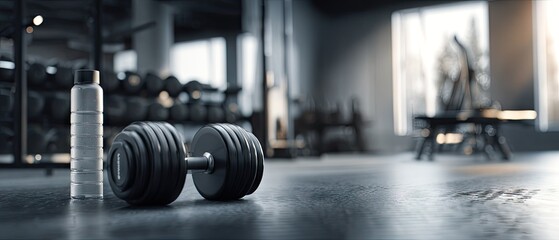 Fototapeta premium Dumbbell and water bottle on gym floor with blurred background