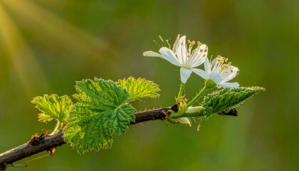 Close-up of delicate white flowers blooming on a branch with vibrant green leaves, bathed in soft sunlight.