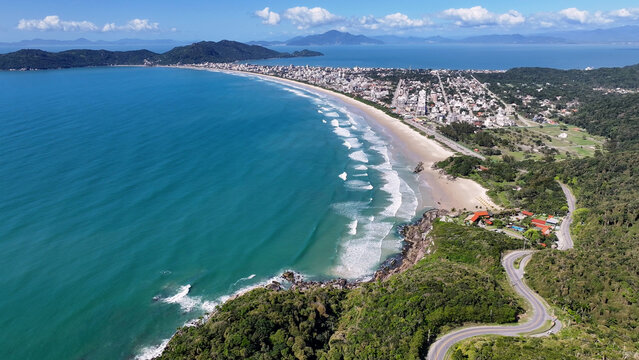 Mariscal Beach In Bombinhas Santa Catarina Brazil. Aerial View Of Stunning Beach With Crystal Clear Waters. Deserted Skyline Idyllic Beauty. Deserted Waterfront Shore. Bombinhas Santa Catarina.