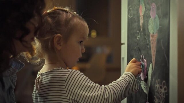 Mother assists her child in creating vibrant chalk artwork on a blackboard, fostering creative development through participatory education, drawing and teaching essential skills for the childs growth