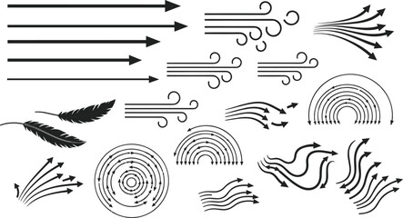 Wind swirl, air flow, breeze motion, vortex pattern, feather icon, turbulence vector, aerodynamic symbol, curved arrows, flat vector illustration © Creative _design