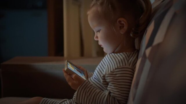 A young child sits cozily on the sofa, absorbed in vibrant cartoons on a smartphone screen, highlighting concerns about the parenting concept, potential vision damage