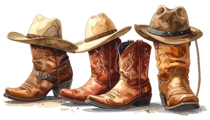 Western Cowboy Boots and Hats Still Life.