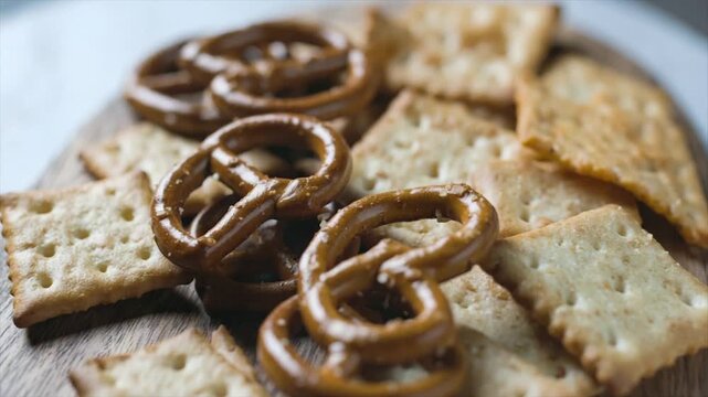 Close-up of pretzels and crackers arranged on a wooden surface, showing textures