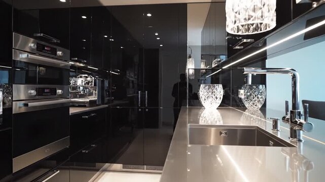 Luxurious Modern Black High Gloss Kitchen Interior With Sleek Appliances And Crystal Decor