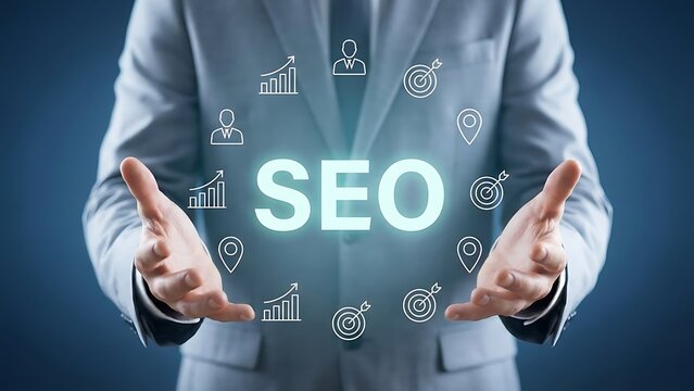 Businessman showcasing search engine optimization techniques with digital icons and seo text in a professional setting with a blue background