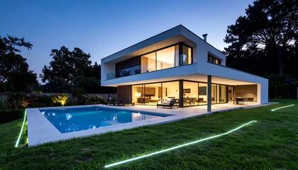 Modern Luxury Villa with Swimming Pool at Dusk.