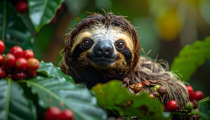 Close-up of a three-toed sloth nestled among coffee cherries on a branch.