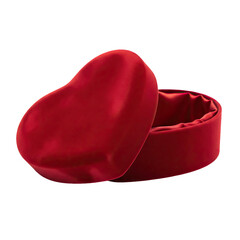 A red heart-shaped velvet box with its lid open on a transparent  background