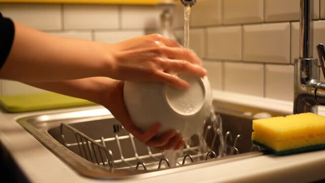 Hands Washing Dishware Under Running Water In Kitchen Sink With Soap Suds And Sponge