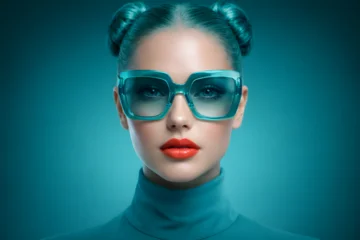 Woman wearing teal turtleneck and futuristic glasses with red lips © propiks