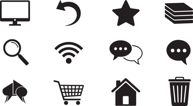 Black and white of computer screen monitor curved arrow star stack of books magnifying glass wifi signal chat bubbles spade suit shopping cart house trash can