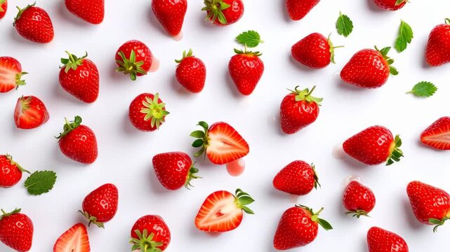 Scattered fresh ripe strawberries and mint leaves on a white background