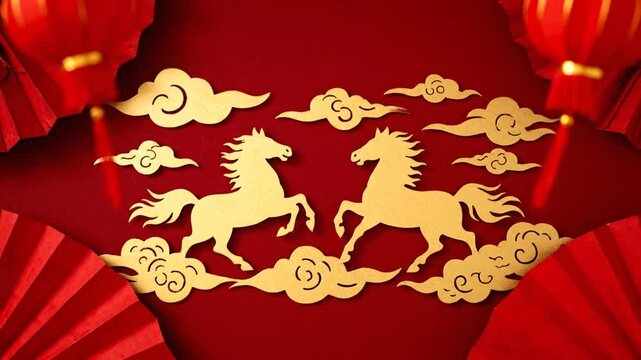 A dynamic video showcasing repeating golden horse silhouettes and auspicious clouds on a vibrant red background, framed by traditional red lanterns and fans, ideal for Lunar New Year celebration visu