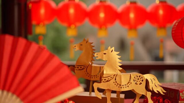 A festive static shot captures two intricately carved wooden horses and a partial red paper fan, set against a background illuminated by rows of blurred, glowing red Chinese lanterns, symbolizing tra