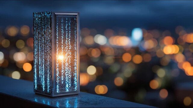 Illuminated rectangular object featuring vertical light patterns against a blurred cityscape