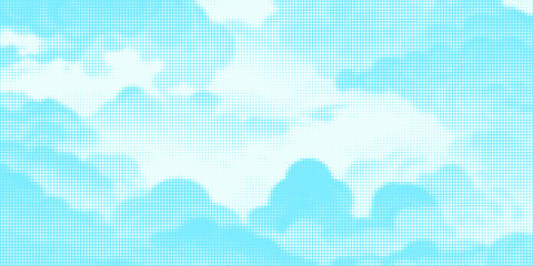 Dotted comic cloud background. White halftone clouds in blue sky. Pop art heaven wallpaper for banner, brochure, collage, poster, leaflet. Pixelated smoke, smog or fog texture. Vector illustration © Farrohah