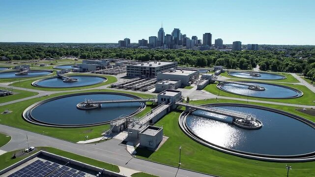 Aerial perspective showcases a large scale municipal water treatment plant featuring multiple circular clarification tanks with city skyline visible in the distance.