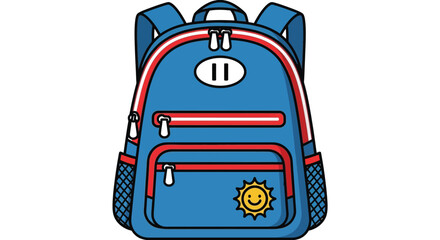 Fototapeta premium Bright blue cartoon backpack with red trim and cheerful sun emblem for school