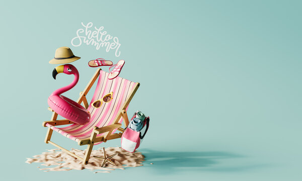 Hello Summer. Pink flamingo inflatable with summer accessories on sand beach with text. Vibrant summer background with copy space. 3D Rendering, 3D Illustration