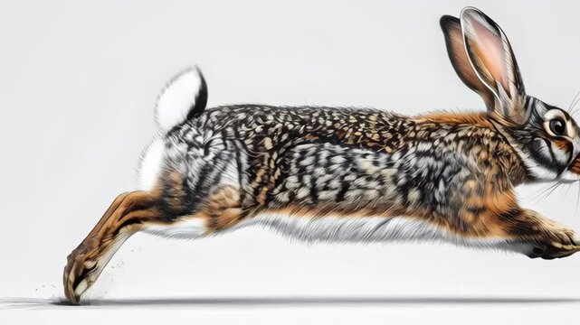 Detailed image of a cottontail rabbit mid-leap against a white background, showing its patterned fur and musculature