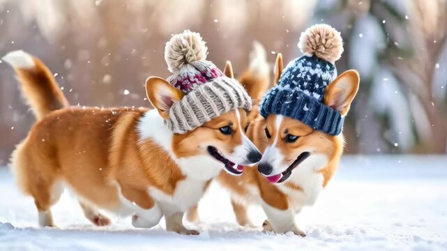 Two corgis wearing knitted hats in the snow