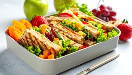 Healthy Grilled Chicken Salad Lunchbox with Fresh Fruits and Vegetables.