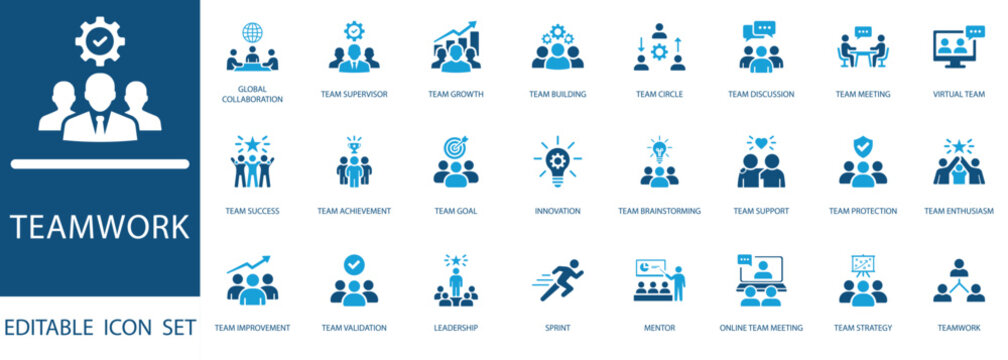 Teamwork icon set . including team success, meeting, brainstorming, and leadership symbols. Blue flat editable vector for business management and startup.