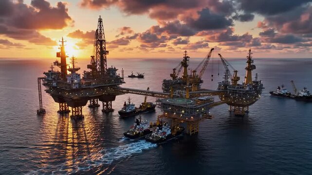 Offshore oil rig at sunset with tugboats, dramatic clouds, and ocean waves