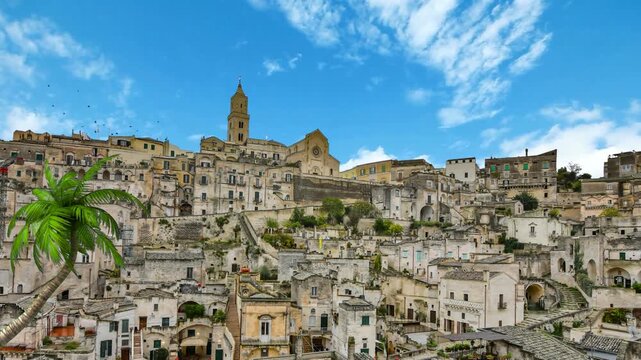 Medieval Town Of Matera Atop Rocky Outcrop In The Region of Basilicata, Southern Italy. Sassi di matera old town, panoramic view of typical stones and church of Matera. Aerial view from the old town 