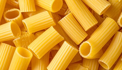 Close-up shot of dry rigatoni pasta tubes, a popular Italian pasta shape.