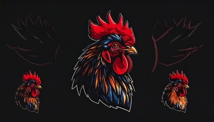 Vibrant Rooster Head Illustration with Detailed Feathers and Dark Background.