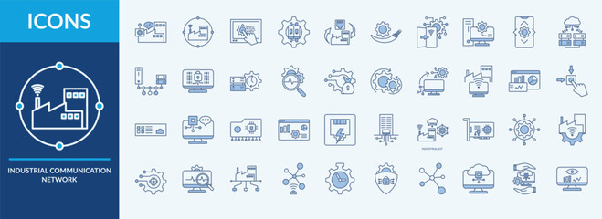 Industrial Communication Network - Icon Collection. Thin Outline Blue Set contains such Icons as human machine interface, building automation, real time data and more. Simple web icons set.