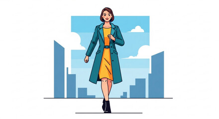 Confident Business Woman Walking in Cityscape with Modern Skyscrapers, Vector Illustration