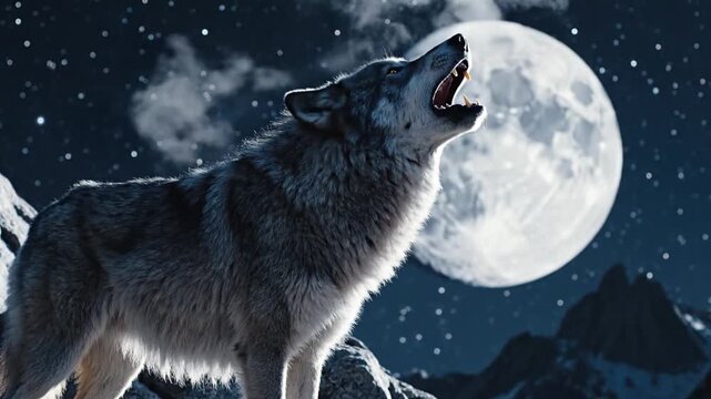 Lone wolf howls under a full moon in a starry night scene