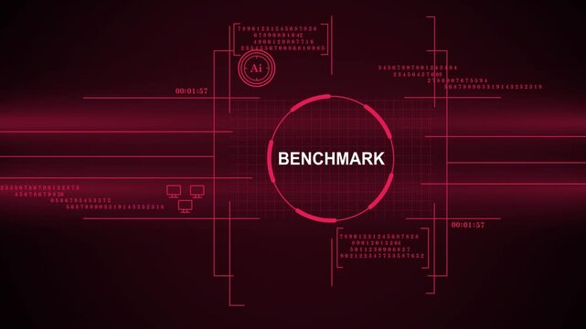 A futuristic red high-tech interface featuring the word Benchmark at the center, surrounded by data numbers, AI symbols, and grid patterns representing performance testing and digital analytics.