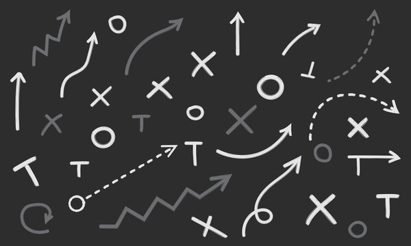 Hand Drawn American Football Tactics and Soccer Strategy Vector Elements with Chalk Style Xs and Os, Arrows, and Sketches, Isolated on Dark Background