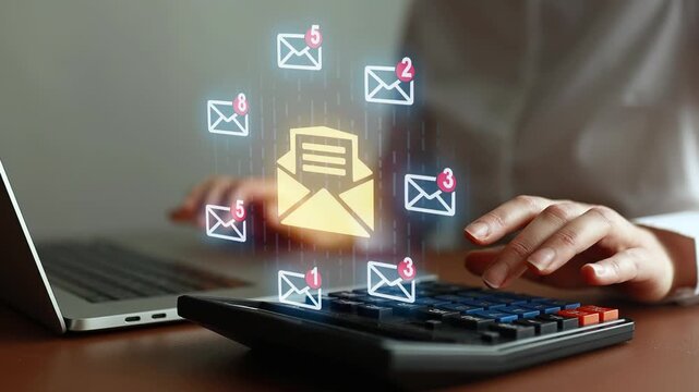 Person uses calculator while checking multiple emails on laptop at home office in the afternoon.