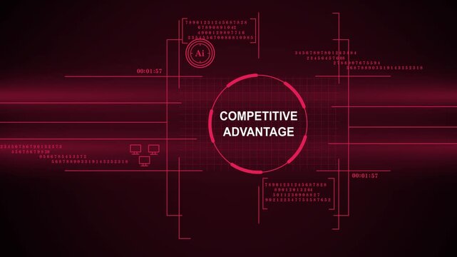Futuristic Digital HUD Interface Displaying Competitive Advantage Text with Artificial Intelligence AI Icons and Data Visualizations on Dark Red Background
