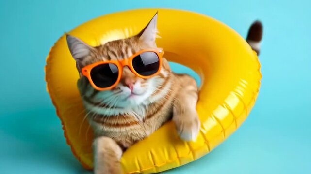Ginger cat with sunglasses relaxing in yellow inflatable ring