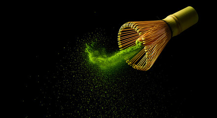 Vibrant green matcha tea powder being whisked with a traditional bamboo chasen, capturing the essence of Japanese tea ceremony preparation